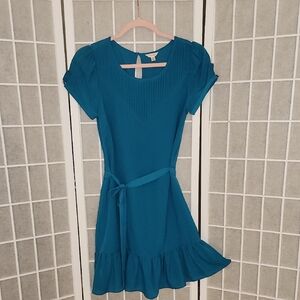 Teal Ruffle Hem Knee Length Dress with Sort Sleeves and Keyhole Back